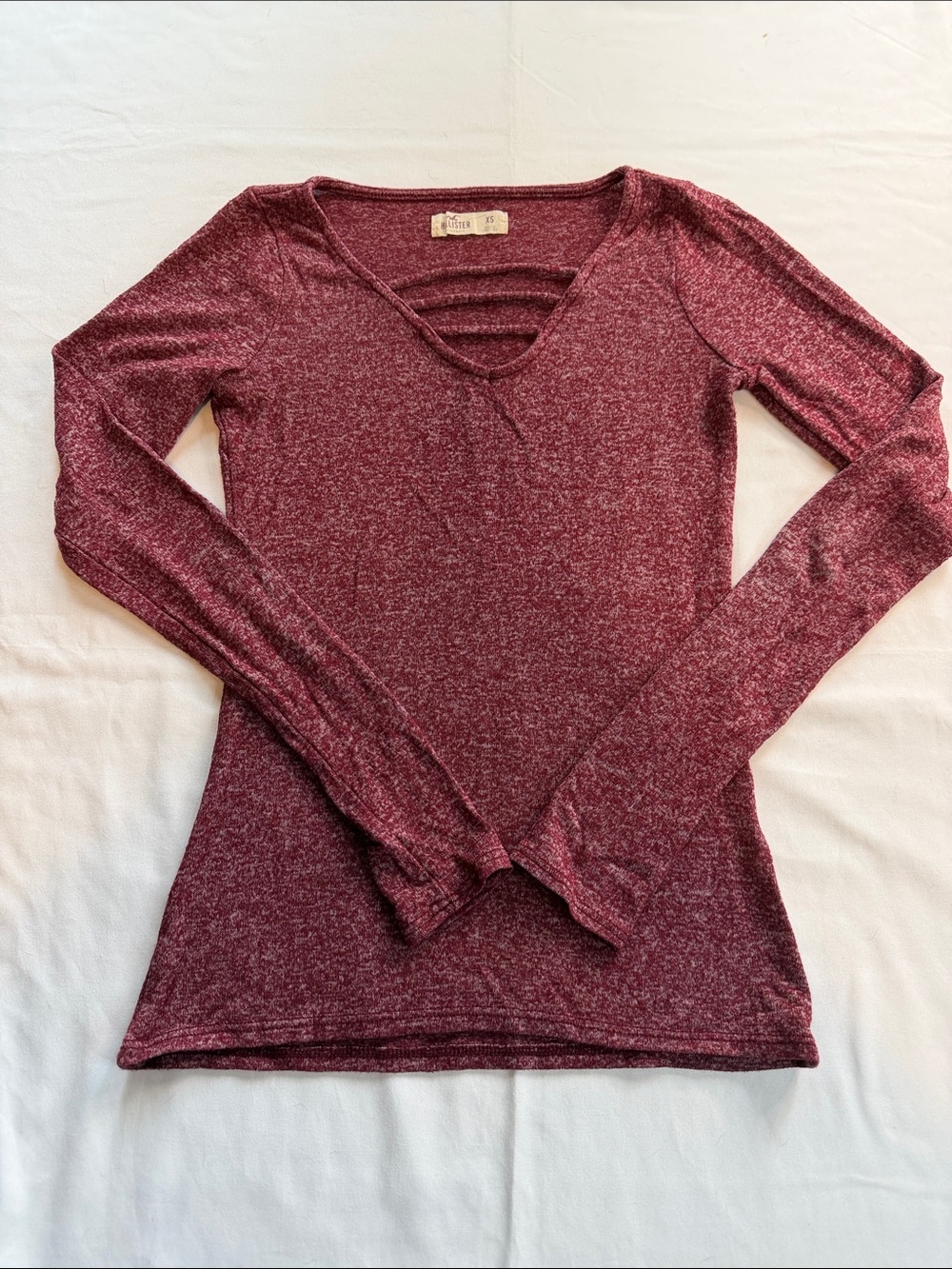 Hollister Heathered Maroon Long-Sleeve V-Neck Top with Strappy Detail